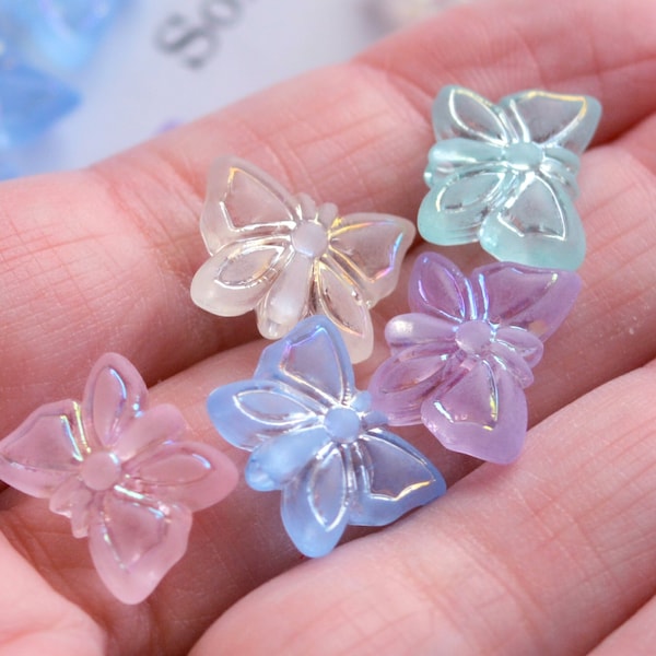 Butterfly Beads Frosted Acrylic Mixed Pastel Colors 13.5mm by 14.5mm, 5mm Thick, Embossed Pearly AB Finish Details 1.75mm Hole Transparent