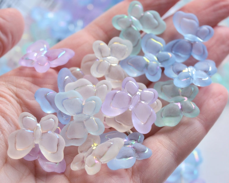 Big Butterfly Beads Frosted Acrylic Mixed Pastel Colors 18mm by 21mm, 6mm Thick, Embossed Pearly AB Finish Details 1.75mm Hole Transparent image 5