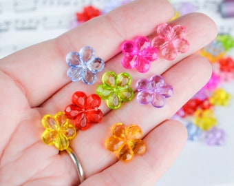 14mm Faceted Flower Beads in Transparent Acrylic, 4.5mm Thick 5 Petal Shape, Mixed Colors with Beautiful Sparkle for DIY Crafts and Jewelry