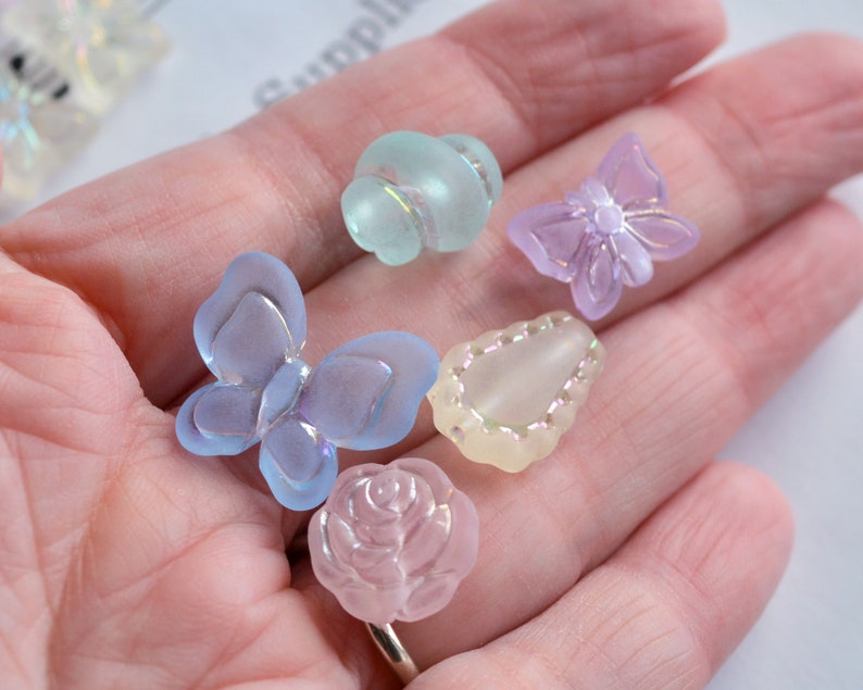 Big Butterfly Beads Frosted Acrylic Mixed Pastel Colors 18mm by 21mm, 6mm Thick, Embossed Pearly AB Finish Details 1.75mm Hole Transparent image 7