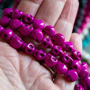 10mm Skull Beads in Faux Howlite, Vivid Purple Color, Fun Lightweight Halloween Skeleton Bead Lot, With Darkened Eye Sockets, Teeth, Veining