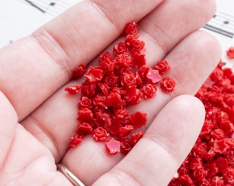 5.5mm Red Rose Cabochons, Tiny Flowers, Semi-Translucent Color with Subtle Glitter, Flatback Nail Art Resin Pieces Decoden Embellishment