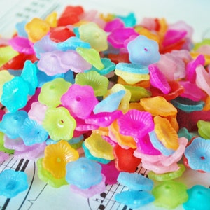 50 Pc 4.5x12mm Frosted Flower Beads in Fun Colorful Mix, Matte Soft Finish, Semi-translucent, Lightweight Nesting Stackable Bead Lot DIY