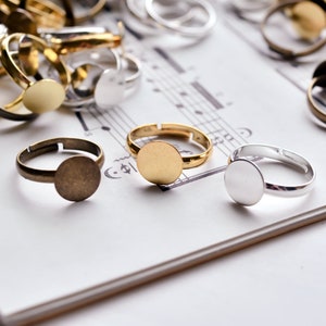 Adjustable Rings with 10mm Flat Pad - Half Round Shank, Adjust to Fit Your Size, Flat Plain Setting for Glue-on Embellishments