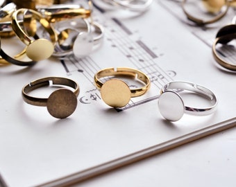 Adjustable Rings with 10mm Flat Pad - Half Round Shank, Adjust to Fit Your Size, Flat Plain Setting for Glue-on Embellishments