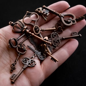 May include: A collection of antique-style keys with intricate designs, including a crown, heart, and fleur-de-lis, in various shades of bronze and copper.