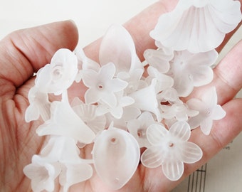 Assorted White Frosted Flower Beads, Large Size to Tiny, Random Mixed Shape Beads, 6mm to 35mm, Lily, Pansy, Bell shape, Daisies and More