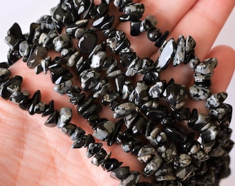 Snowflake Obsidian Natural Gemstone Beads Black with Grey and White Snowflake Patterns Chip Shape Small Nugget Drilled 34 Inch Bulk Strand