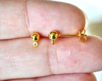 Gold Plated Stud Earring Findings with Gold Plated Backs and Stainless Steel Posts, 4mm Ball with Loop Post Shape, Plus Earnuts, DIY Jewelry