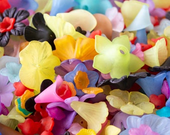 300 Assorted Frosted Flower Beads, Lightweight Translucent Acrylic Bead Lot, Floral Theme in Many Fun Colors, Mixed Vintage Inspired Beads