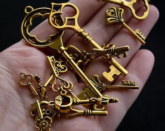 Assorted Key Charms and Pendants in Antiqued Gold Finish Metal Romantic Mother's Day Valentine's Day Theme DIY Craft Supplies for Love Hobby