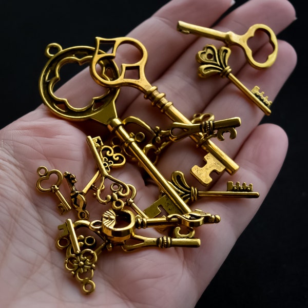 Assorted Key Charms and Pendants in Antiqued Gold Finish Metal Romantic Mother's Day Valentine's Day Theme DIY Craft Supplies for Love Hobby
