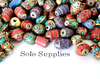 Brass Inlay Beads with Turquoise, Coral, and Lapis Detail, 1.5mm Hole Beautiful Exotic Beads, Heavy weight Crafting and DIY Jewelry Making