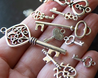 May include: A collection of silver-toned skeleton keys with intricate designs, including a heart-shaped key, a key with a tree-like design, and a key with a decorative scrollwork design.