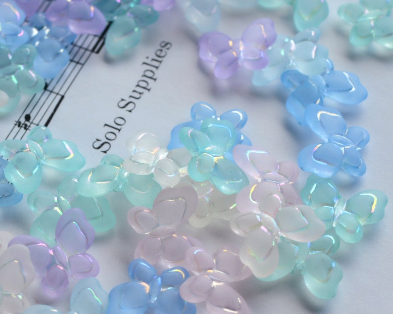 Big Butterfly Beads Frosted Acrylic Mixed Pastel Colors 18mm by 21mm, 6mm Thick, Embossed Pearly AB Finish Details 1.75mm Hole Transparent image 2