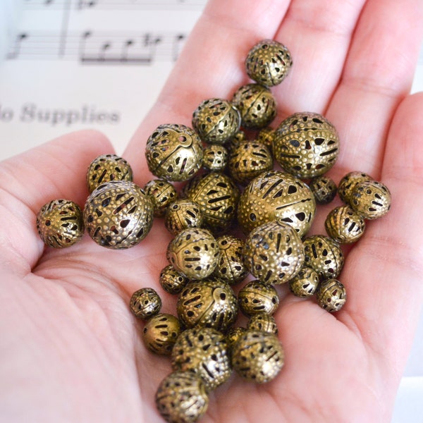 Assorted Filigree Beads in Antiqued Bronze, Matching Lightweight Hollow Bead Mix, From 6mm to 16mm, Random Lot DIY Metal Embossed Beads