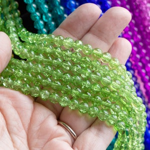 6x6.5mm Light Green Crackle Glass Beads, 30 Inch Strand, 130 Beads, Beautiful Sparkly Crazed Inside Smooth Outside Rounded Beads