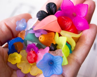 Assorted Frosted Flower Beads in Mixed Shapes Sizes and Color, Matte Satin Finish Acrylic, From tiny 6mm Beads to Jumbo 46mm Size Beautiful