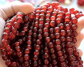 8mm Crackle Glass Beads in Deep Garnet Red Color 30 Inch Strand Around 105 Beads Large Round Smooth Outside with Crazed Sparkly Inside