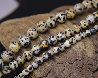 Dalmatian Jasper Beads, 4mm 6mm or 8mm Size, Natural Gemstone Round Beads Hand Cut Stones, 15" Strand Tan Cream Grey with Black Brown Spots