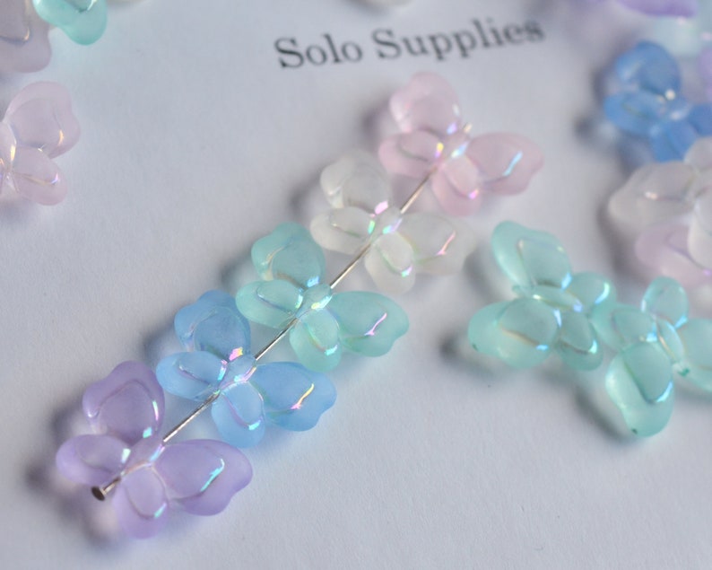 Big Butterfly Beads Frosted Acrylic Mixed Pastel Colors 18mm by 21mm, 6mm Thick, Embossed Pearly AB Finish Details 1.75mm Hole Transparent image 3