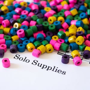 Colorful Wooden Tube Beads: 4x5mm Painted Barrel Beads for Macrame with 2mm hole in green, pink, blue, yellow, and dark purple for spring