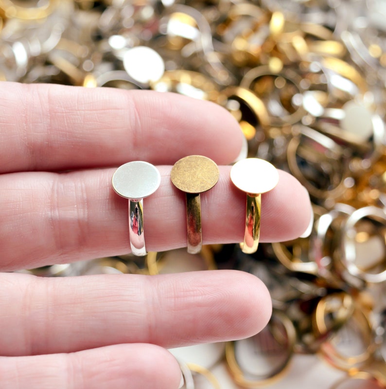 Adjustable Rings with 10mm Flat Pad Half Round Shank, Adjust to Fit Your Size, Flat Plain Setting for Glue-on Embellishments image 2