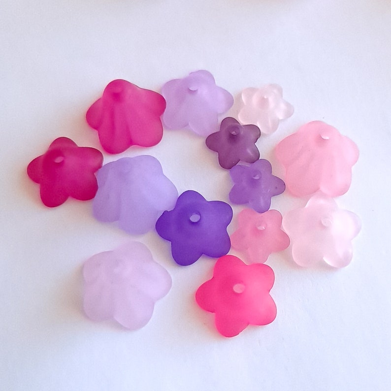 120 Pc Pink and Purple Mix of Trumpet Flower Beads, Assorted Sizes, Colors, Fuchsia, Lavender, Lilac Set, Nesting Stackable DIY Crafting image 5