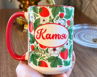 Vintage Thermo-Serv Isolier-Kaffeebecher Blumen Erdbeere 70er Jahre Stickerei-Stil | Häuschen | Land | Bauernhaus
