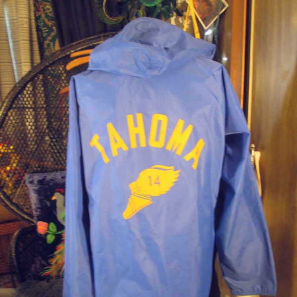 70s Blue windbreaker yellow Tahoma winged foot number 14 Russell Athletic Bill Hatch Sporting Goods Seattle zipper front L