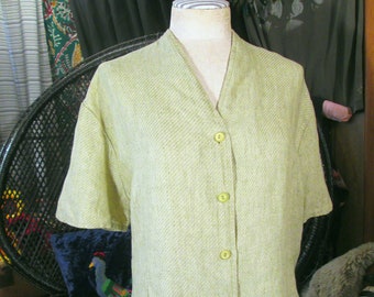 Vintage Green stripe FLAX 90s minimalist Blouse Linen Top button front short sleeve  M