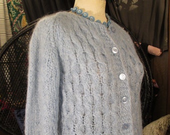 Cable Knit 60s baby Blue mohair sweater Cardigan crew neck 60s Penneys Vintage Mohair sweater S M