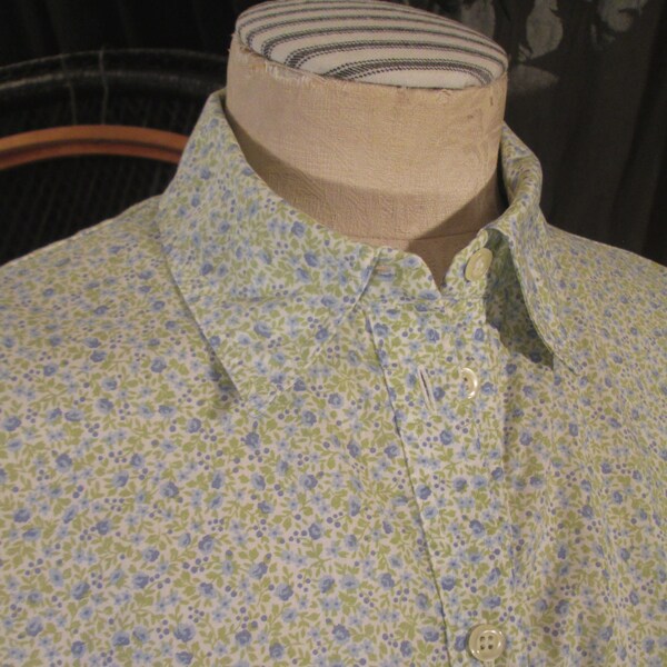 Vintage Laura Ashley calico print shirt Classic vintage Calico blouse blue and green floral cotton made in UK M L