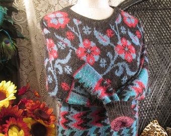 80s Floral zig zag Sweater Geometric Red and Blue pullover Vintage 80s Sweater Wild pattern Crew Neck acrylic S M