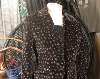 70s Vintage Calico velvet Jacket small floral Black Jacket cropped cotton velvet Blazer Union made S -  M