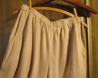 Vintage FLAX tan cotton pants with pockets 90s flowy simple summer pants Ankle length elastic waist  M L