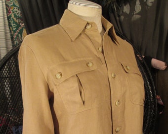 Khaki Linen shirtdress Ralph Lauren 90s vintage Dress Pockets Tailored 3/4 sleeves button cuff collar  M