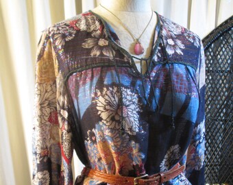70s vintage hippie Top Rainbow glitter Blue floral boho peasant blouse Tassel ties shirt M