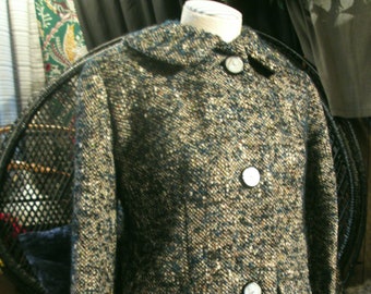 Vintage Tweed Olive Teal 60s Suit Jacket Tailored wool tweed  big buttons Bracelet sleeves 1960s jacket M