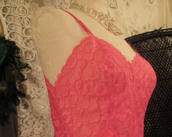 Vanity Fair 60s Vintage Slip Hot Pink Vintage slip Sheer Lace 60s nylon Slip vintage wedding lingerie size 34