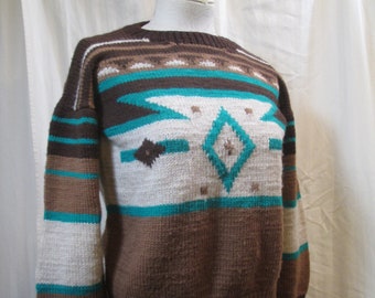 Southwest Sweater Vintage Indian blanket  pullover Brown geometric sweater 80s vintage sweater S M