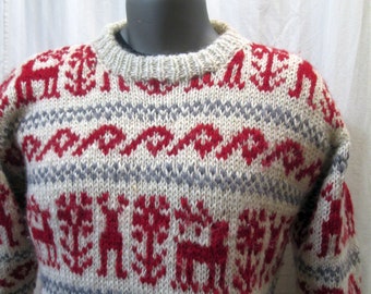 80s Reindeer and Tree Sweater Vintage Winter Ski Sweater Chunky knit wool pullover Red and Cream winter pullover M