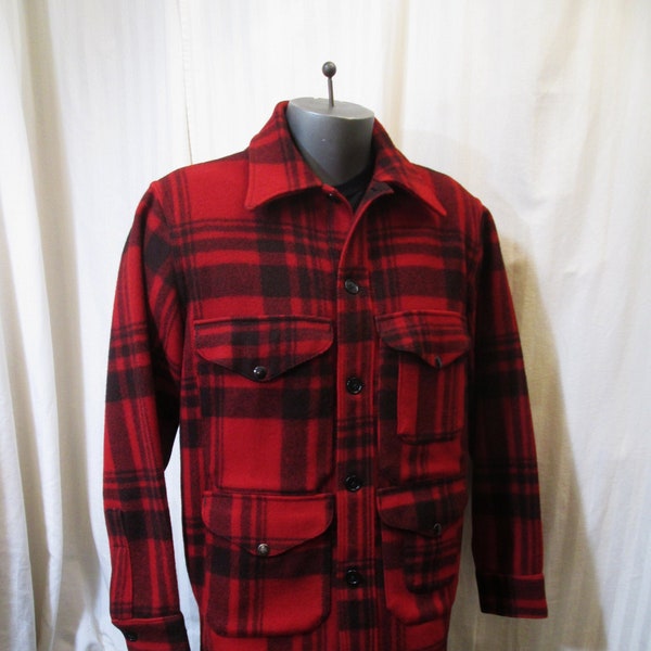 Black Bear Vintage 50s hunting jacket Union Made Black and Red plaid wool coat Game pocket button front snap pockets M