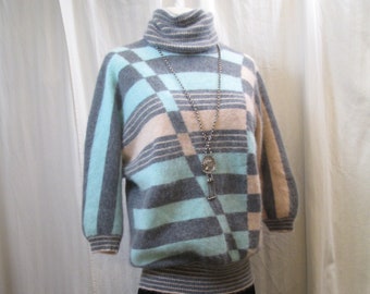 Angora pullover New Wave 80s Pastel Turquoise and Peach Checks and stripes Vintage turtleneck Sweater M