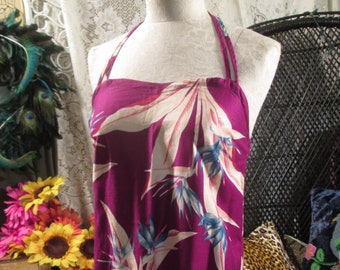 Hawaiian Vintage 70s Halter dress Bird of Paradise 40s style Hawaiian floral print Dress 70s Open back Halter S M