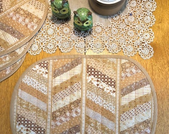4 Vintage 70s Patchwork Placemats shades of Tan Peach and Brown Kitchen decor calico florals