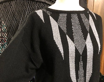 Art deco design 80s Sweater Silver Metallic vintage long black pullover oversize acrylic knit  M L