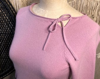 Sweet Pink Cashmere Sweater tie neckline Ann Taylor soft cuddly 90s vintage 3/4 sleeve pullover sweater S M