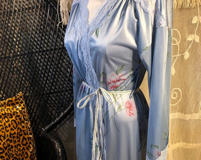 Satin Floral Vintage Blue Robe 70s Pastel Print Wrap Robe Lace Trim ...