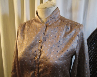 Foulard Print Vintage 70s Blouse Tan and black geometric tiny print button front satin vintage blouse 1970s polyester shirt S M